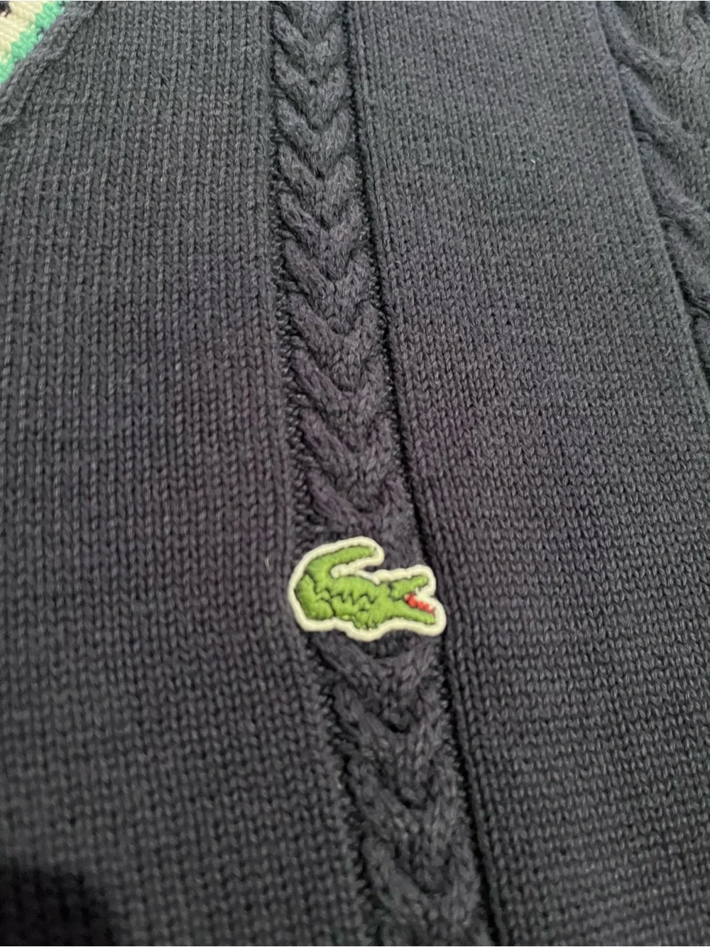 Lacoste Navy Cable-Knit V-Neck Sweater Vest with Green & White Trim